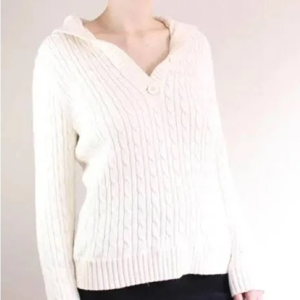 Liz Claiborne Sweater Henley Collard Cable Knit in Cream Neutral White